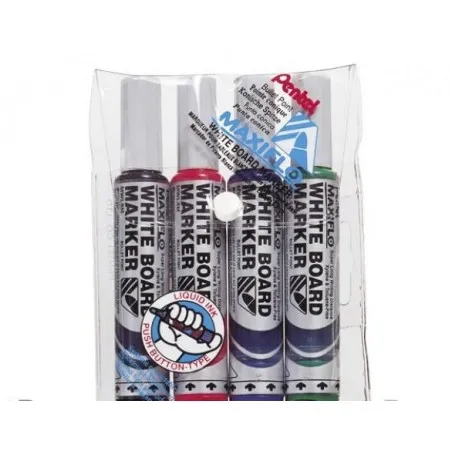 Pochette de 4 Marqueurs pour tableaux PENTEL Maxiflo pointe arrondie Coul assorties