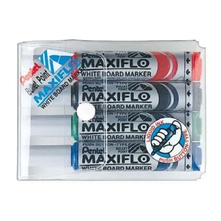 Pochette de 4 Marqueurs pour tableaux PENTEL Maxiflo pointe bizeauté Coul assorties