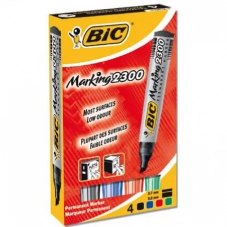 Boite de 4 marqueurs Permanents BIC 2300 Chisel (4 couleurs Assorties)